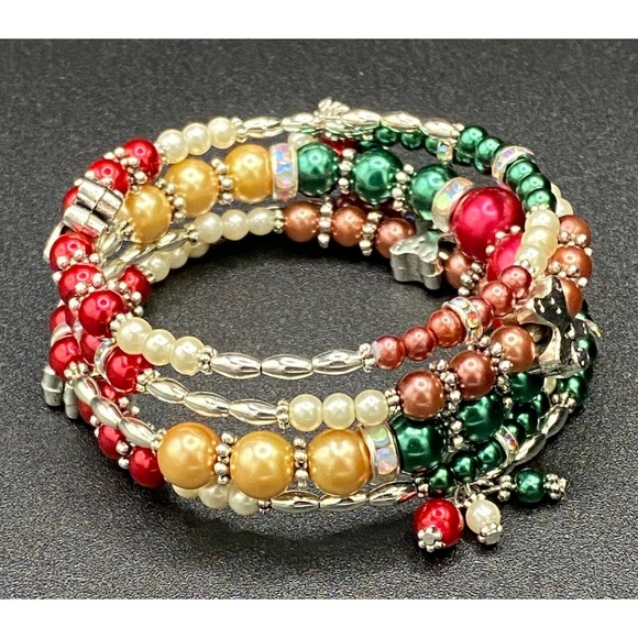 Faux Pearl & Gingerbread Man Multistrand Memory Wire Bracelet by Neanie-Bot - Picture 4 of 5